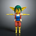 Game Movie Character Green Hair Yellow Skin Large Ears Blue Vest Red Shorts Arms Outstretched