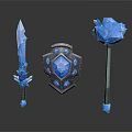 Blue Crystal Magic Weapons With Sword Shield Staff and Shiny Decorations 3d model