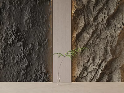 Modern Stone Texture Backdrop Wall With Vertical Divider And Green Plant 3d model