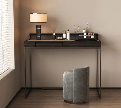 Modern Dark Dressing Table Interior With Cosmetic Bottles Lamp And Accent Chair 3d model