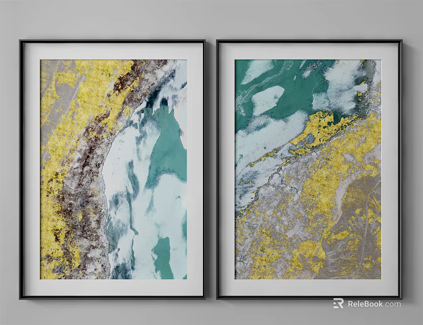 Two Abstract Decorative Paintings With Black Frames Yellow Green White Gray Patterns 3d model