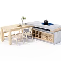 Natural Wooden Dining Table Set With Bench Chair And Marble Top Decor