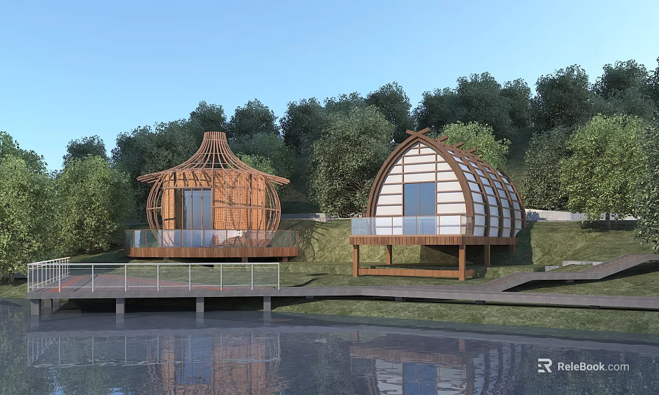 Unique Wooden Houses With Dome And Shell Design Surrounded by Trees Near Water 3d model 