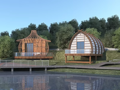 Unique Wooden Houses With Dome And Shell Design Surrounded by Trees Near Water 3d model