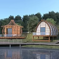Unique Wooden Houses With Dome And Shell Design Surrounded by Trees Near Water