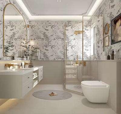 Elegant Bathroom Interior With Floral Wallpaper Large Mirror Glass Shower And Vanity 3d model
