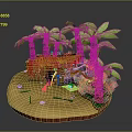 Tropical Island Scene With Palm Trees Wooden Hut Sandy Beach And Tools