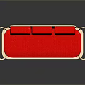 Red Sofa With Three Red Cushions Curved Light Wooden Armrests And Legs Modern Design