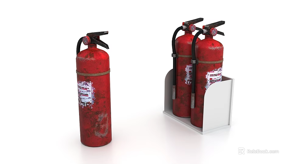 Red Fire Extinguishers With Rusty Surface Placed In Metal Bracket And Labels 3d model 