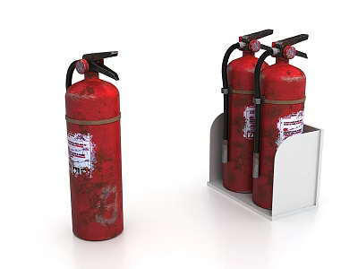Red Fire Extinguishers With Rusty Surface Placed In Metal Bracket And Labels 3d model