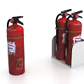 Red Fire Extinguishers With Rusty Surface Placed In Metal Bracket And Labels