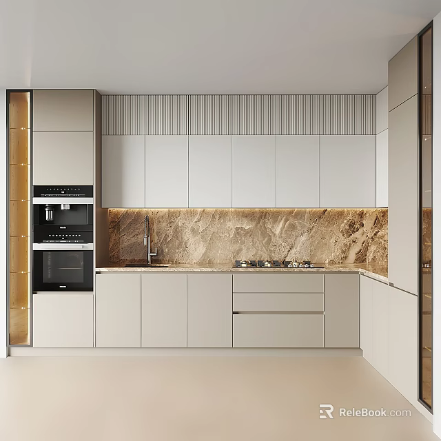 Elegant Modern Kitchen Interior With White Cabinets And Marble Backsplash Design 3d model 