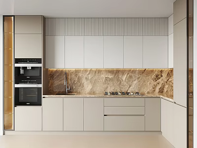 Elegant Modern Kitchen Interior With White Cabinets And Marble Backsplash Design 3d model