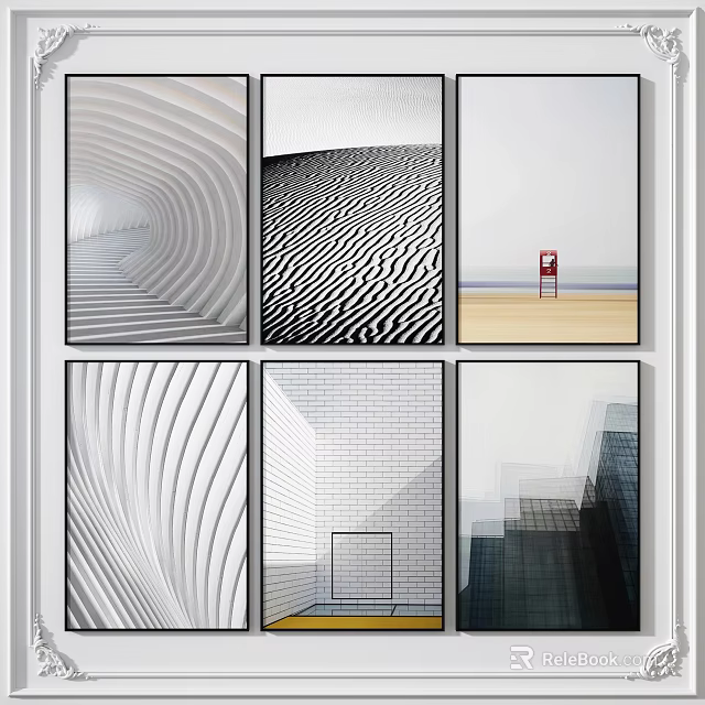 Six Panel Abstract Art Prints With Geometric Patterns And Textured Designs 3d model