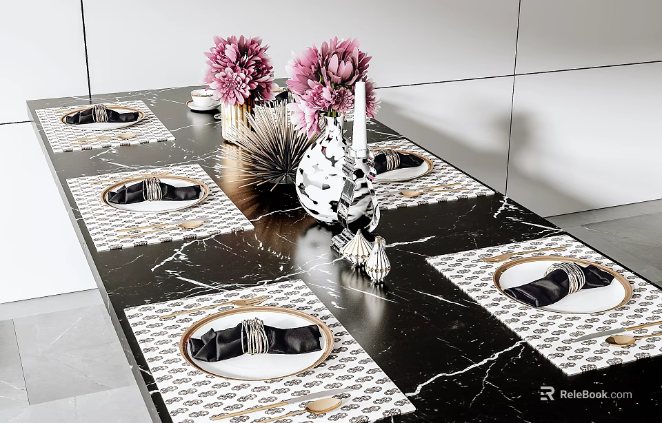 Elegant Dinnerware Set On Black Marble Tabletop With Checkered Placemats Black Napkins And Pink Flowers 3d model 