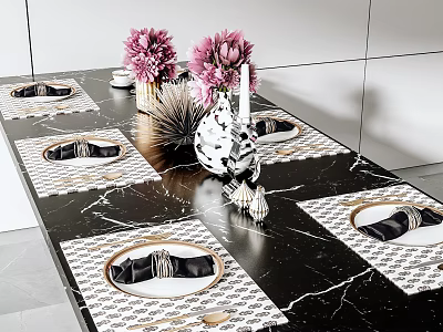 Elegant Dinnerware Set On Black Marble Tabletop With Checkered Placemats Black Napkins And Pink Flowers 3d model