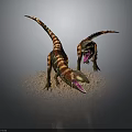 Two Colorful Dinosaurs Standing on Sandy Ground with Red Yellow Green Stripes Opening Mouths