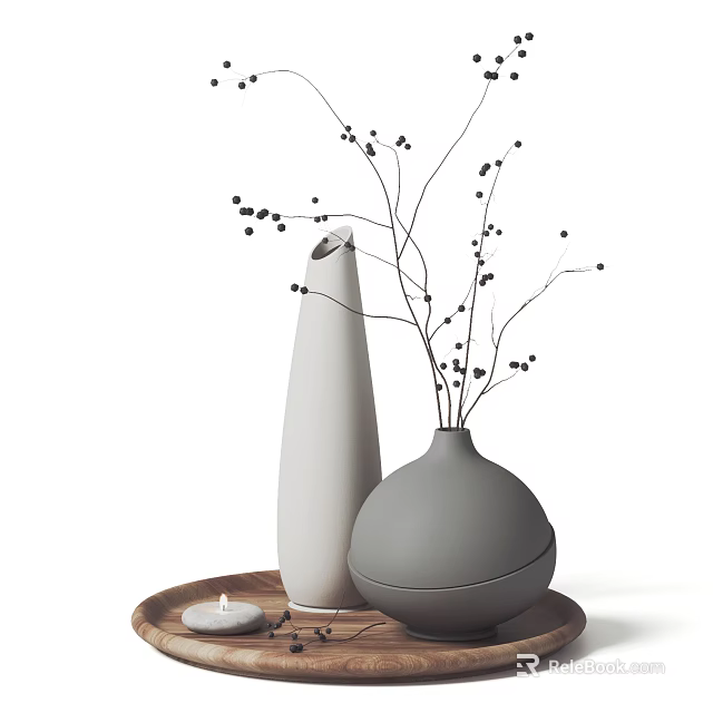 White and Gray Ceramic Vases with Twigs and Black Berries on Wooden Tray with Candle 3d model 