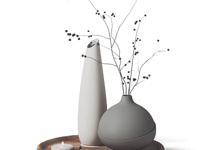 White and Gray Ceramic Vases with Twigs and Black Berries on Wooden Tray with Candle 3d model