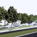 Modern Curved Landscape Wall Surrounded by Green Trees and Lush Grass with Pathway 3d model