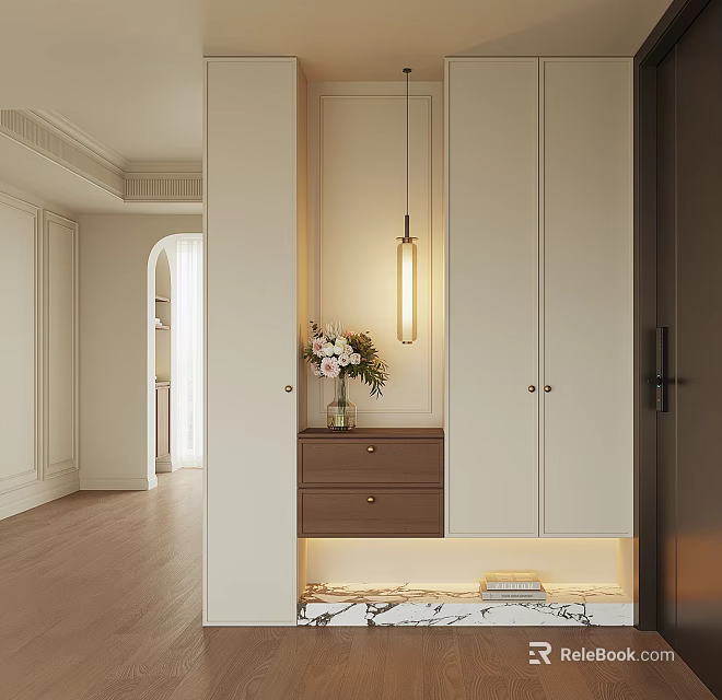 Elegant Modern Shoe Cabinet Design With White Doors Brown Drawers Pendant Light And Vase Flowers 3d model 