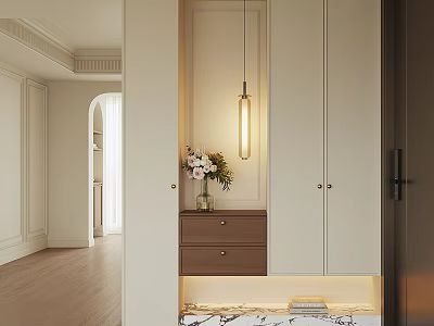 Elegant Modern Shoe Cabinet Design With White Doors Brown Drawers Pendant Light And Vase Flowers 3d model