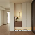 Elegant Modern Shoe Cabinet Design With White Doors Brown Drawers Pendant Light And Vase Flowers