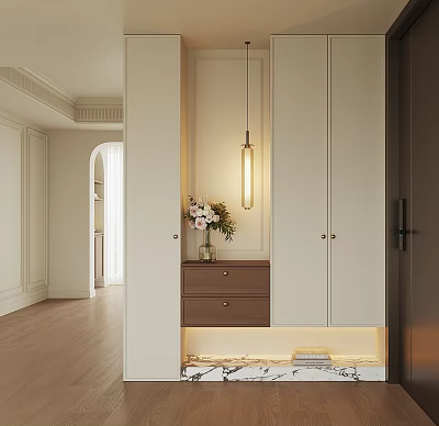 Elegant Modern Shoe Cabinet Design With White Doors Brown Drawers Pendant Light And Vase Flowers 3d model