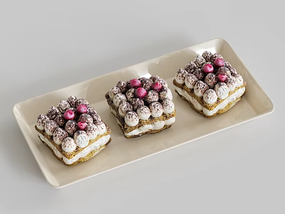 Three Square Tiramisu Cakes With White Cream Puffs Pink Pearls On Light Beige Rectangular Tray 3d model