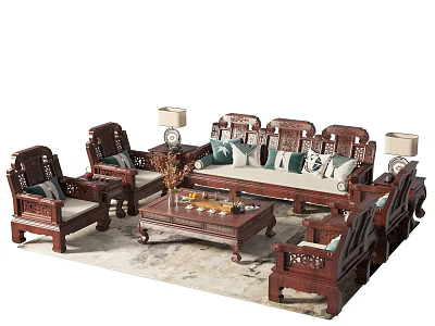 Chinese Traditional Wooden Sofa Coffee Table Set With Carved Details And Decorative Cushions 3d model