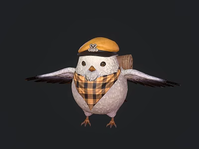 Cute White Bird Wearing Yellow Hat Plaid Scarf with Backpack Spread Wings 3d model