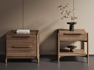 Modern Minimalist Wooden Bedside Tables with Book Vase and Decorative Item 3d model