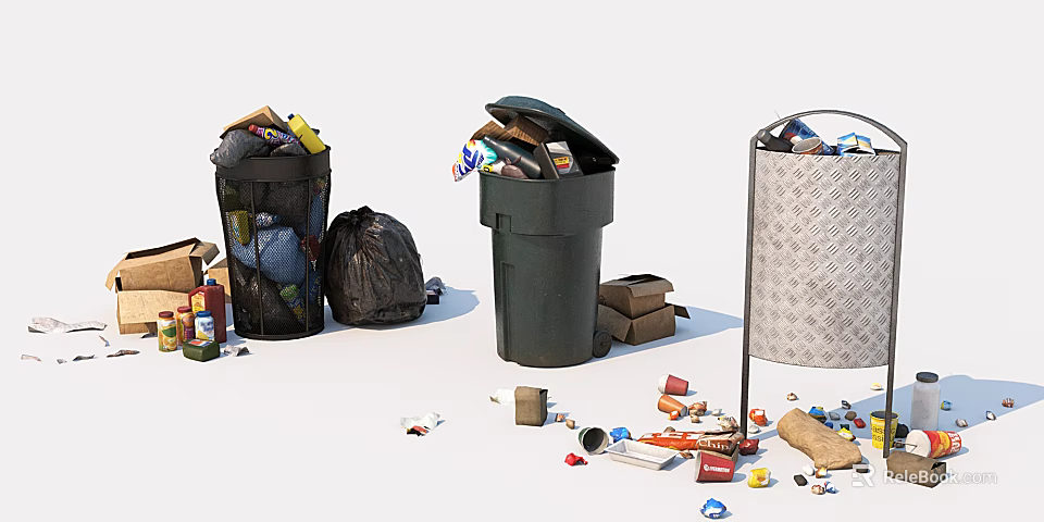 Public Trash Bins With Overflowing Garbage And Scattered Waste In Area 3d model 