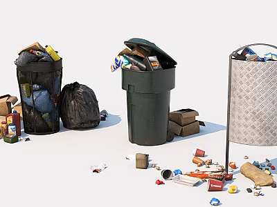 Public Trash Bins With Overflowing Garbage And Scattered Waste In Area 3d model