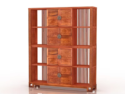 Traditional Wooden Bookcase With Carved Details Multiple Shelves Drawers And Metal Handles 3d model