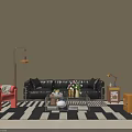 Retro Black Leather Sofa And Metal Glass Coffee Table Set For Cozy Living Room