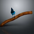 Blue and black bird perched on curved wooden branch against dark background