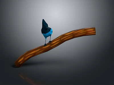 Blue and black bird perched on curved wooden branch against dark background 3d model