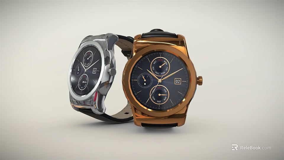 Modern Gold and Silver Watches With Black Dial And Leather Strap Design 3d model 