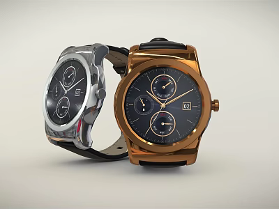 Modern Gold and Silver Watches With Black Dial And Leather Strap Design 3d model