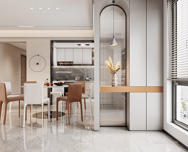 Modern Dining Area With Open Kitchen Design Wooden Dining Table Chairs And Pendant Light 3d model 