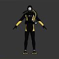 Scuba Diver Wearing Black Yellow Wetsuit With Diving Equipment And Fins
