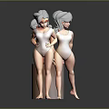 Women 3D Models in White Bodysuits with Various Poses on Gray Background
