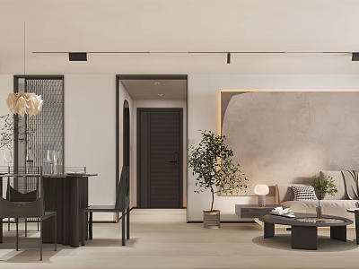 Modern Living and Dining Room Interior With Pendant Light Sofa Coffee Table And Plant 3d model