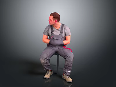 Man Sitting On Chair In Gray T Shirt And Gray Overalls With Red Details Beige Shoes On Gray Gradient Background 3d model