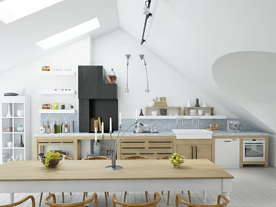 Bright Restaurant Interior With White Sloped Ceiling White Cabinets Wooden Dining Table And Pendant Lights 3d model