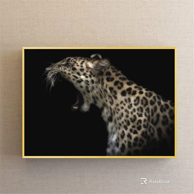 Leopard Animal Painting with Open Mouth Side Profile on Black Background and Golden Frame 3d model 