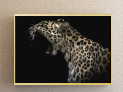 Leopard Animal Painting with Open Mouth Side Profile on Black Background and Golden Frame 3d model