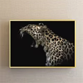 Leopard Animal Painting with Open Mouth Side Profile on Black Background and Golden Frame