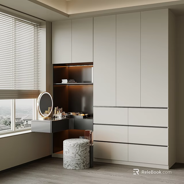 Modern Wardrobe Interior With Dressing Table Drawers And Ambient Lighting Design 3d model